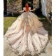 Luxury Long Sleeve Champagne Quinceanera Dresses for Girls High Neck Lace Up Vestidos De 15 Anos